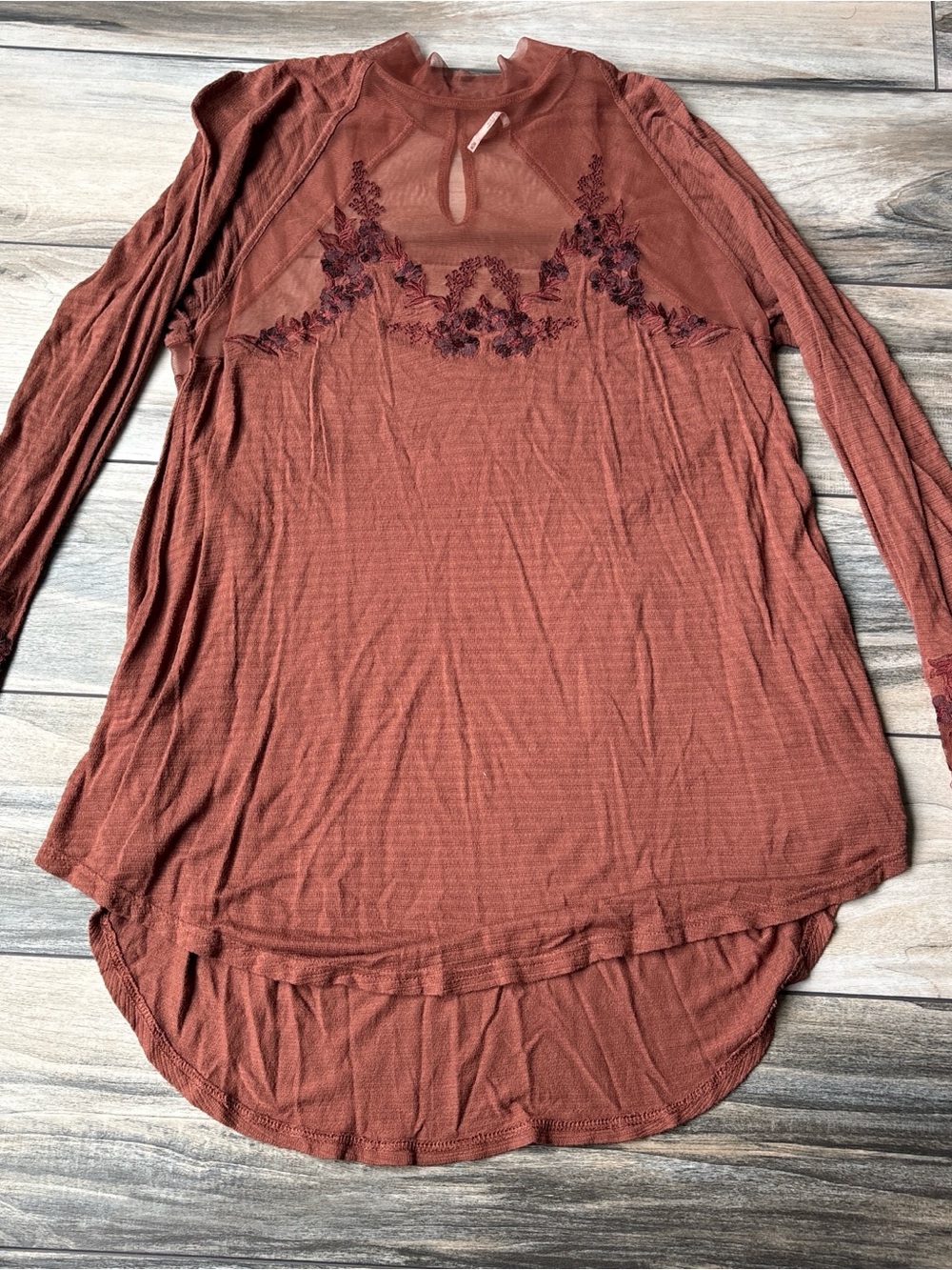 Free People Womens Long Sleeve Embroidered Rust Top